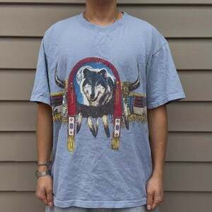 Vintage 90s Habitat Wilderness Wolf Graphic Tee - Blue XL
